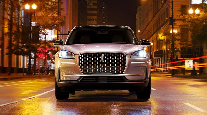 The striking grille of a 2024 Lincoln Corsair® SUV is shown. | Lexington Park Ford Lincoln in California MD