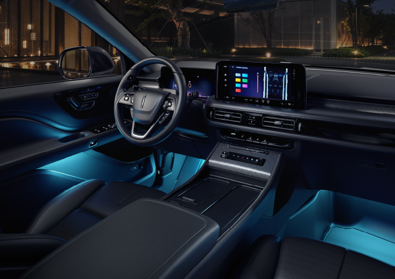 Deep blue ambient lighting glows from various places within a 2025 Lincoln Aviator® SUV. | Lexington Park Ford Lincoln in California MD