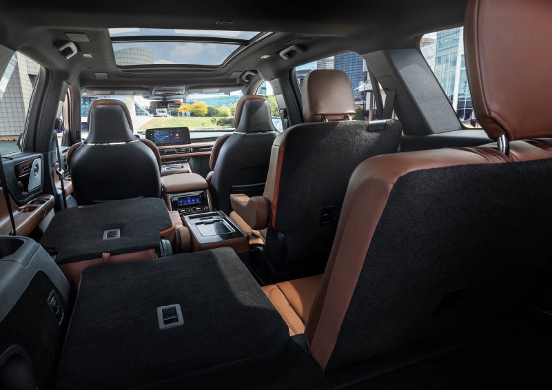 The interior of the 2025 Lincoln Aviator® SUV is shown with two seats folded down for added space. | Lexington Park Ford Lincoln in California MD