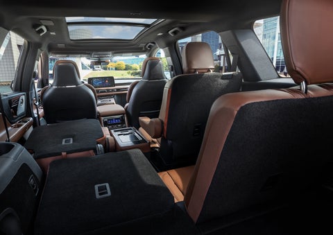 The interior of the 2025 Lincoln Aviator® SUV is shown with two seats folded down for added space. | Lexington Park Ford Lincoln in California MD